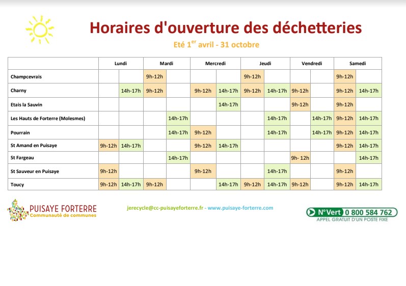 calendrier horaires d'été déchetteries